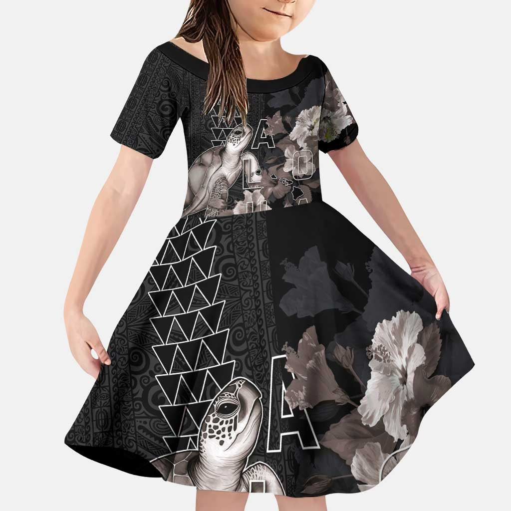 Hawaii Aloha Turtle Hibiscus and Leaves Family Matching Puletasi and Hawaiian Shirt with Polynesian and Kakau Tattoos Black Color LT03 Daughter's Dress Black - Polynesian Pride