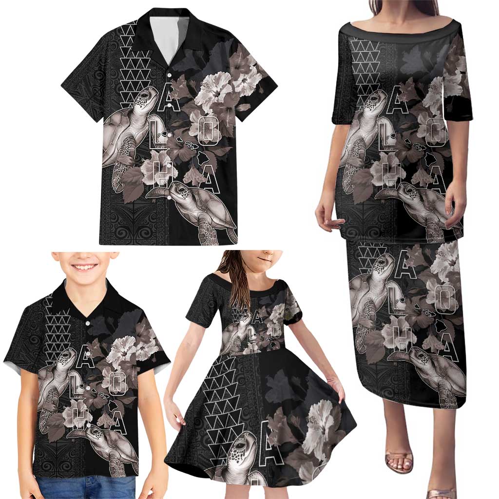 Hawaii Aloha Turtle Hibiscus and Leaves Family Matching Puletasi and Hawaiian Shirt with Polynesian and Kakau Tattoos Black Color LT03 - Polynesian Pride