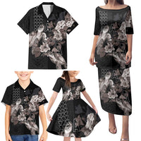 Hawaii Aloha Turtle Hibiscus and Leaves Family Matching Puletasi and Hawaiian Shirt with Polynesian and Kakau Tattoos Black Color LT03 - Polynesian Pride