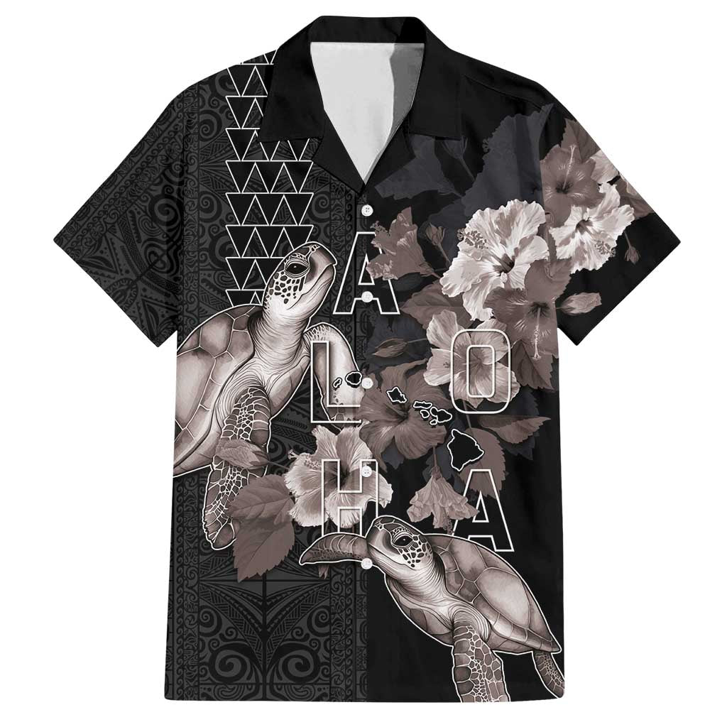 Hawaii Aloha Turtle Hibiscus and Leaves Family Matching Puletasi and Hawaiian Shirt with Polynesian and Kakau Tattoos Black Color LT03 Dad's Shirt - Short Sleeve Black - Polynesian Pride