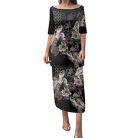 Hawaii Aloha Turtle Hibiscus and Leaves Family Matching Puletasi and Hawaiian Shirt with Polynesian and Kakau Tattoos Black Color LT03 Mom's Dress Black - Polynesian Pride