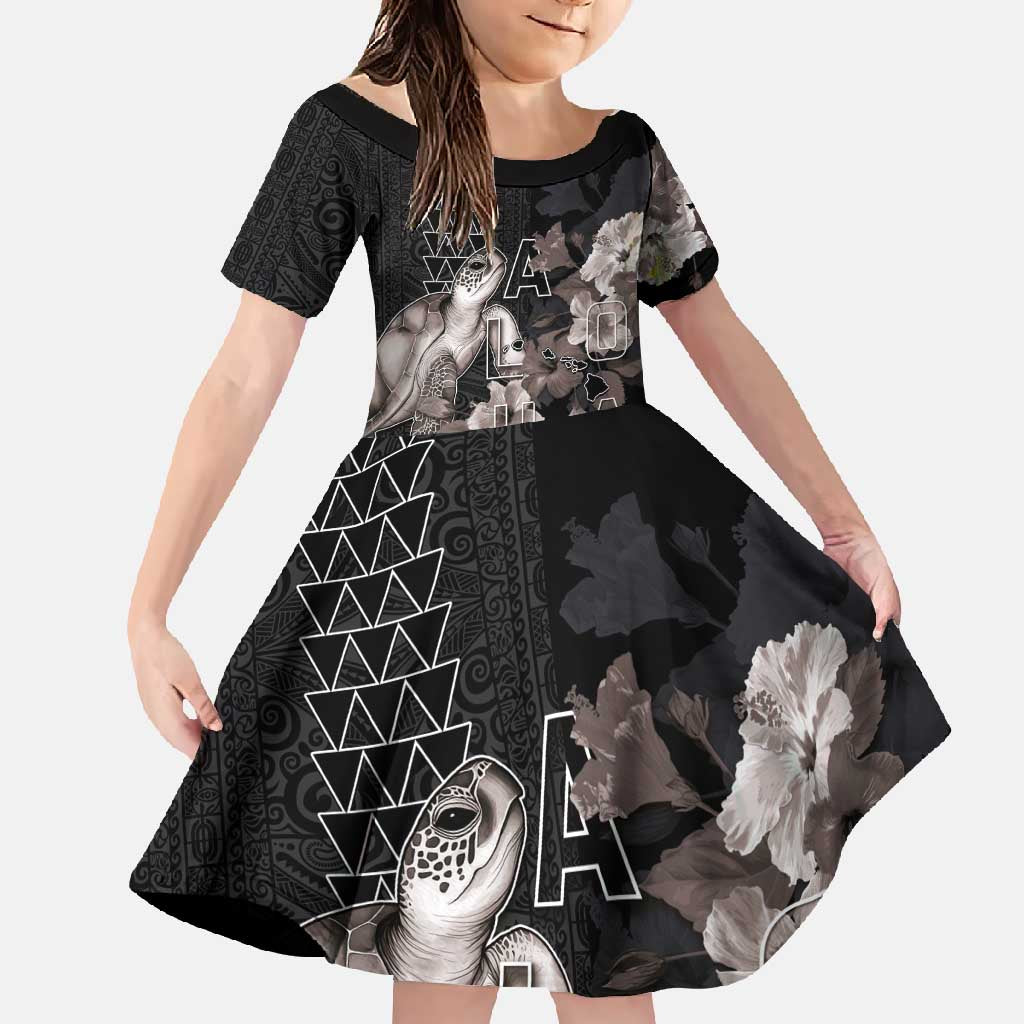 Hawaii Aloha Turtle Hibiscus and Leaves Family Matching Short Sleeve Bodycon Dress and Hawaiian Shirt with Polynesian and Kakau Tattoos Black Color LT03 Daughter's Dress Black - Polynesian Pride