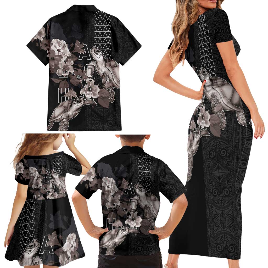 Hawaii Aloha Turtle Hibiscus and Leaves Family Matching Short Sleeve Bodycon Dress and Hawaiian Shirt with Polynesian and Kakau Tattoos Black Color LT03 - Polynesian Pride