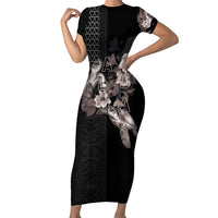 Hawaii Aloha Turtle Hibiscus and Leaves Family Matching Short Sleeve Bodycon Dress and Hawaiian Shirt with Polynesian and Kakau Tattoos Black Color LT03 Mom's Dress Black - Polynesian Pride