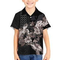 Hawaii Aloha Turtle Hibiscus and Leaves Family Matching Short Sleeve Bodycon Dress and Hawaiian Shirt with Polynesian and Kakau Tattoos Black Color LT03 Son's Shirt Black - Polynesian Pride