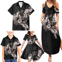 Hawaii Aloha Turtle Hibiscus and Leaves Family Matching Summer Maxi Dress and Hawaiian Shirt with Polynesian and Kakau Tattoos Black Color LT03 - Polynesian Pride