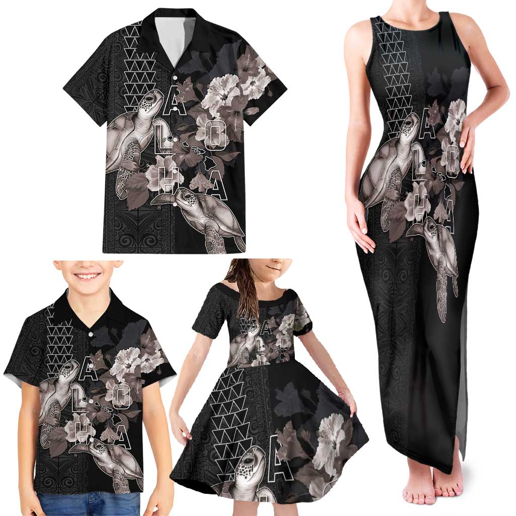 Hawaii Aloha Turtle Hibiscus and Leaves Family Matching Tank Maxi Dress and Hawaiian Shirt with Polynesian and Kakau Tattoos Black Color - Polynesian Pride