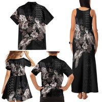 Hawaii Aloha Turtle Hibiscus and Leaves Family Matching Tank Maxi Dress and Hawaiian Shirt with Polynesian and Kakau Tattoos Black Color - Polynesian Pride
