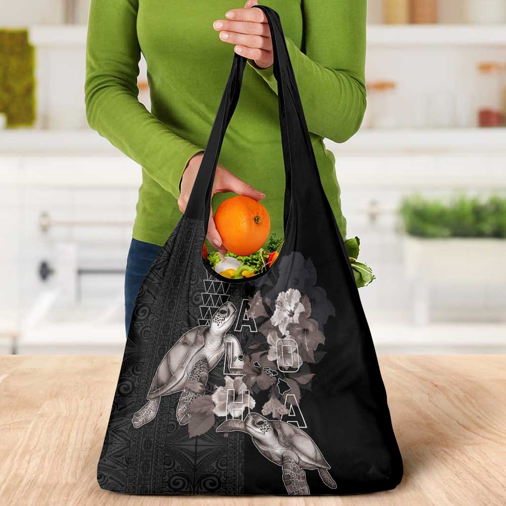 Hawaii Aloha Turtle Hibiscus and Leaves Grocery Bag with Polynesian and Kakau Tattoos Black Color - Polynesian Pride