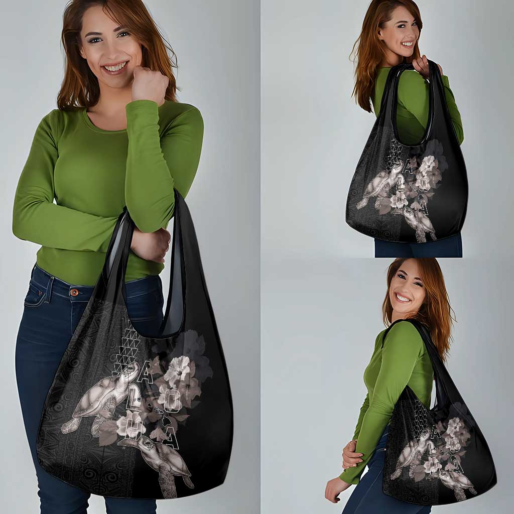 Hawaii Aloha Turtle Hibiscus and Leaves Grocery Bag with Polynesian and Kakau Tattoos Black Color - Polynesian Pride
