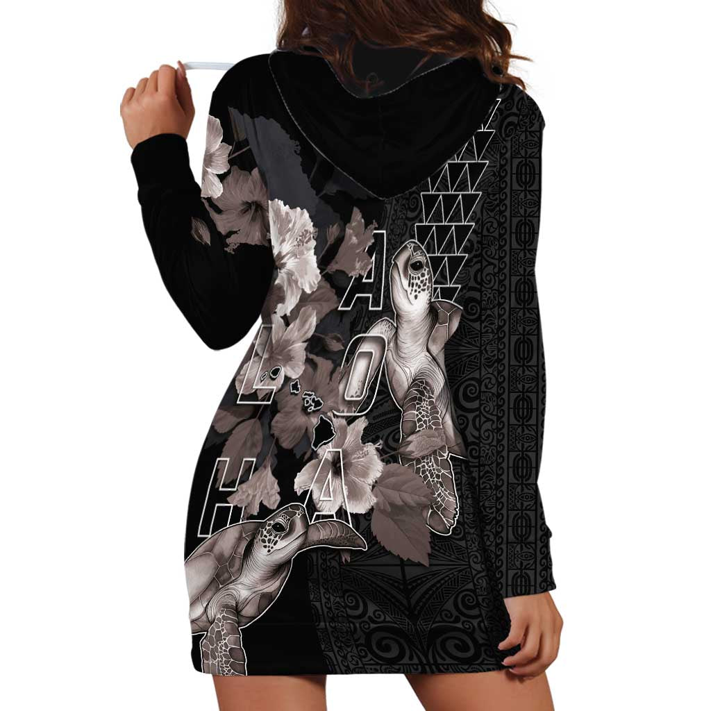 Hawaii Aloha Turtle Hibiscus and Leaves Hoodie Dress with Polynesian and Kakau Tattoos Black Color LT03 - Polynesian Pride