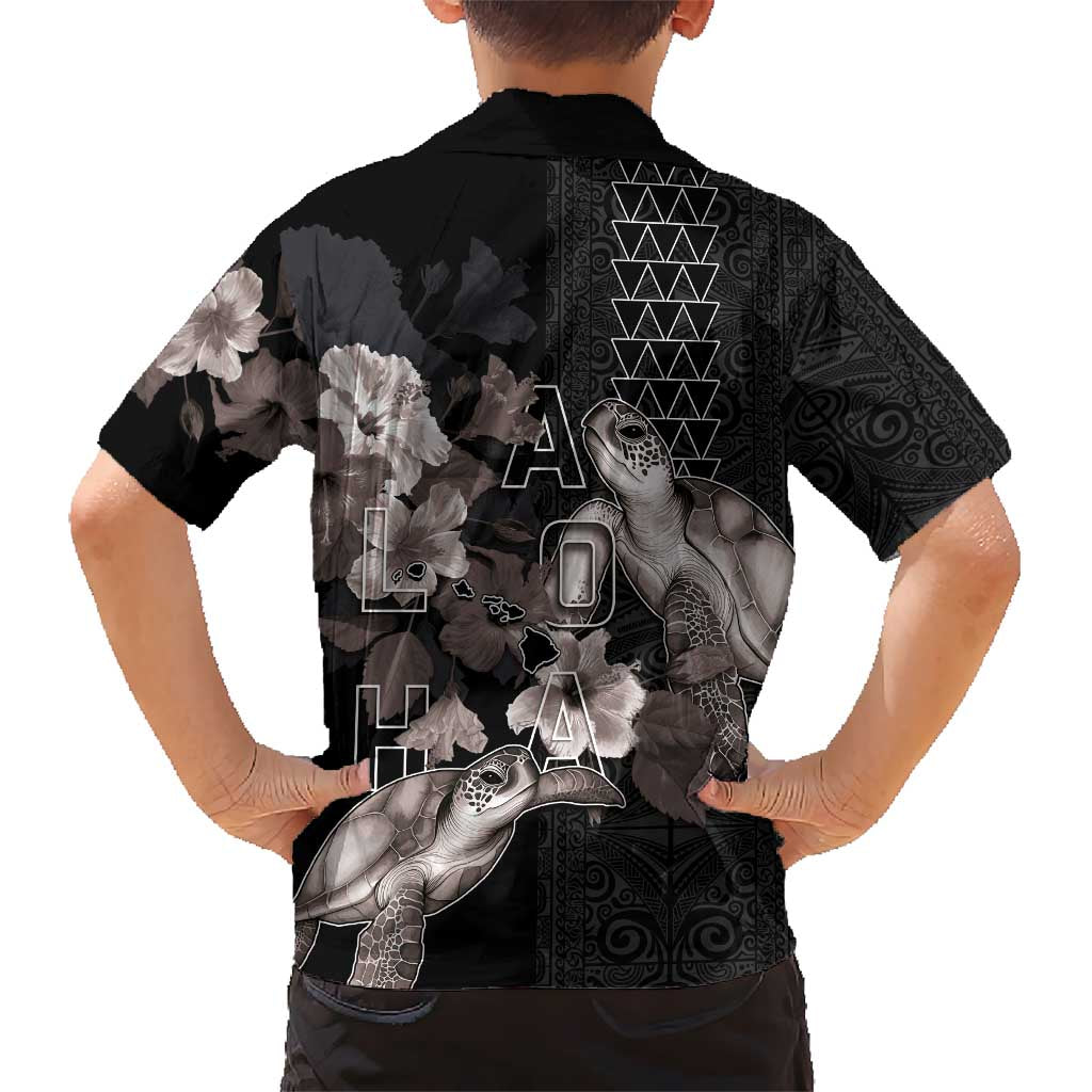 Hawaii Aloha Turtle Hibiscus and Leaves Kid Hawaiian Shirt with Polynesian and Kakau Tattoos Black Color - Polynesian Pride