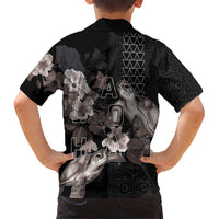 Hawaii Aloha Turtle Hibiscus and Leaves Kid Hawaiian Shirt with Polynesian and Kakau Tattoos Black Color - Polynesian Pride