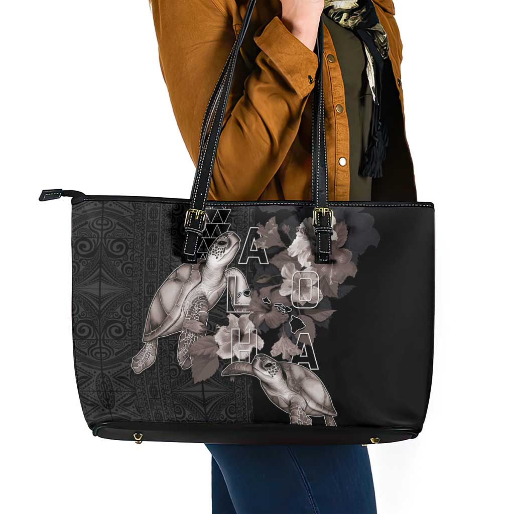 Hawaii Aloha Turtle Hibiscus and Leaves Leather Tote Bag with Polynesian and Kakau Tattoos Black Color - Polynesian Pride