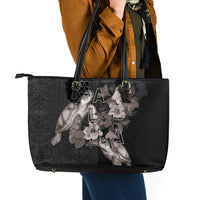 Hawaii Aloha Turtle Hibiscus and Leaves Leather Tote Bag with Polynesian and Kakau Tattoos Black Color - Polynesian Pride