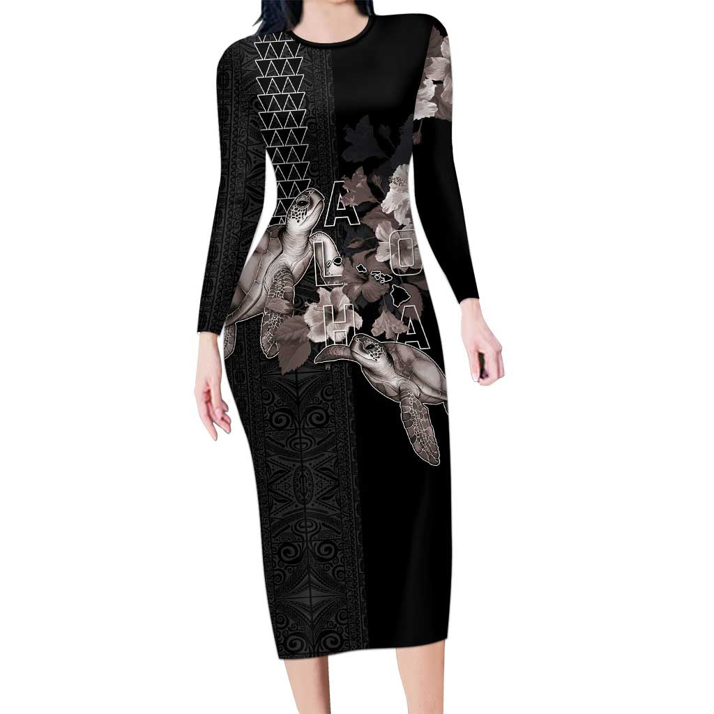 Hawaii Aloha Turtle Hibiscus and Leaves Long Sleeve Bodycon Dress with Polynesian and Kakau Tattoos Black Color - Polynesian Pride