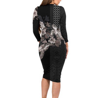 Hawaii Aloha Turtle Hibiscus and Leaves Long Sleeve Bodycon Dress with Polynesian and Kakau Tattoos Black Color - Polynesian Pride