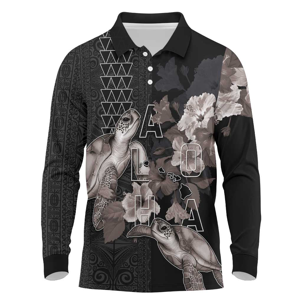 Hawaii Aloha Turtle Hibiscus and Leaves Long Sleeve Polo Shirt with Polynesian and Kakau Tattoos Black Color LT03 Black - Polynesian Pride