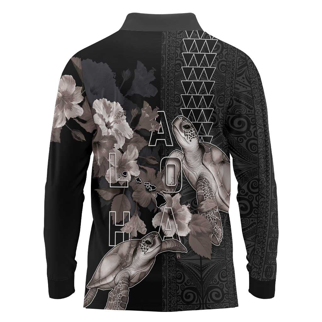 Hawaii Aloha Turtle Hibiscus and Leaves Long Sleeve Polo Shirt with Polynesian and Kakau Tattoos Black Color LT03 - Polynesian Pride