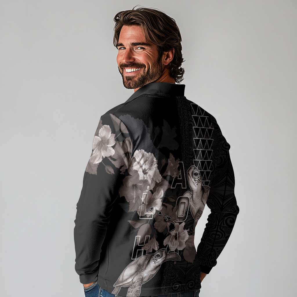 Hawaii Aloha Turtle Hibiscus and Leaves Long Sleeve Polo Shirt with Polynesian and Kakau Tattoos Black Color LT03 - Polynesian Pride