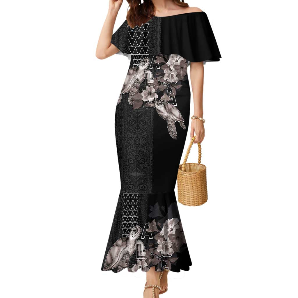 Hawaii Aloha Turtle Hibiscus and Leaves Mermaid Dress with Polynesian and Kakau Tattoos Black Color - Polynesian Pride
