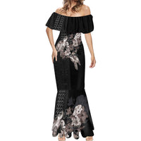 Hawaii Aloha Turtle Hibiscus and Leaves Mermaid Dress with Polynesian and Kakau Tattoos Black Color LT03 - Polynesian Pride
