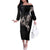 Hawaii Aloha Turtle Hibiscus and Leaves Off The Shoulder Long Sleeve Dress with Polynesian and Kakau Tattoos Black Color - Polynesian Pride