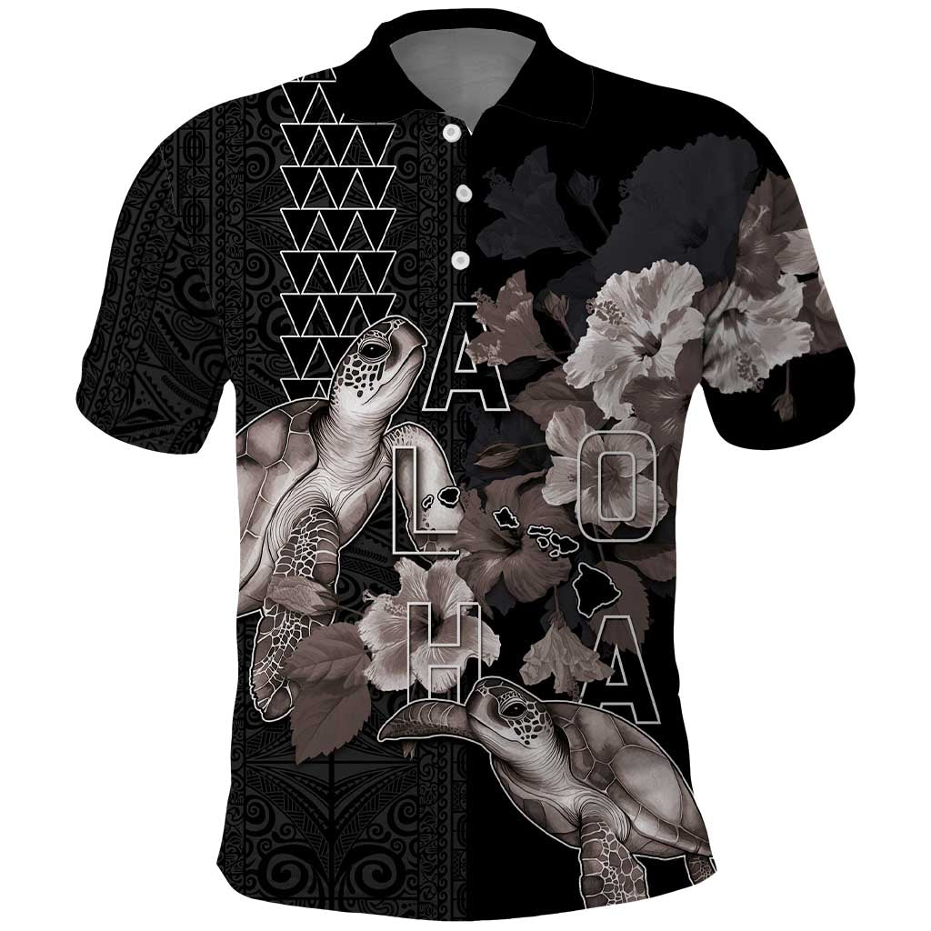 Hawaii Aloha Turtle Hibiscus and Leaves Polo Shirt with Polynesian and Kakau Tattoos Black Color - Polynesian Pride
