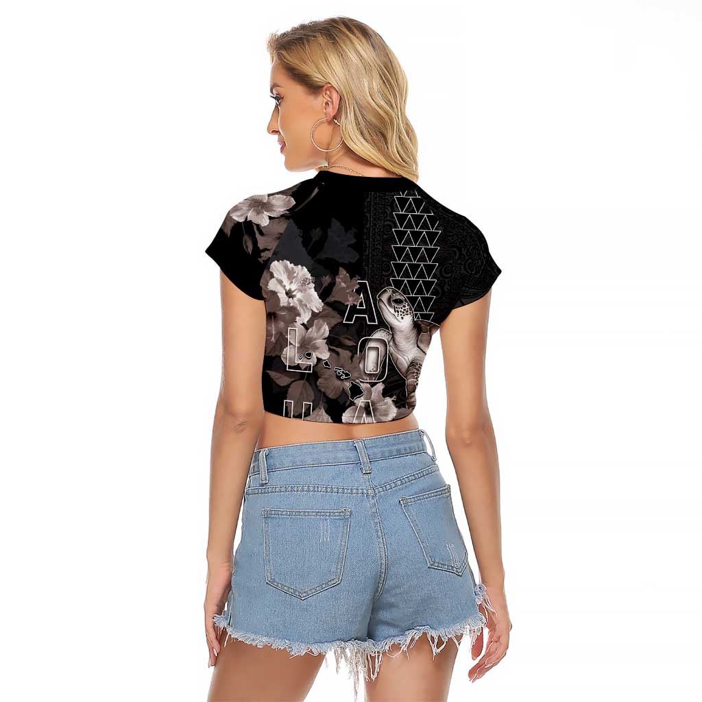 Hawaii Aloha Turtle Hibiscus and Leaves Raglan Cropped T Shirt with Polynesian and Kakau Tattoos Black Color - Polynesian Pride