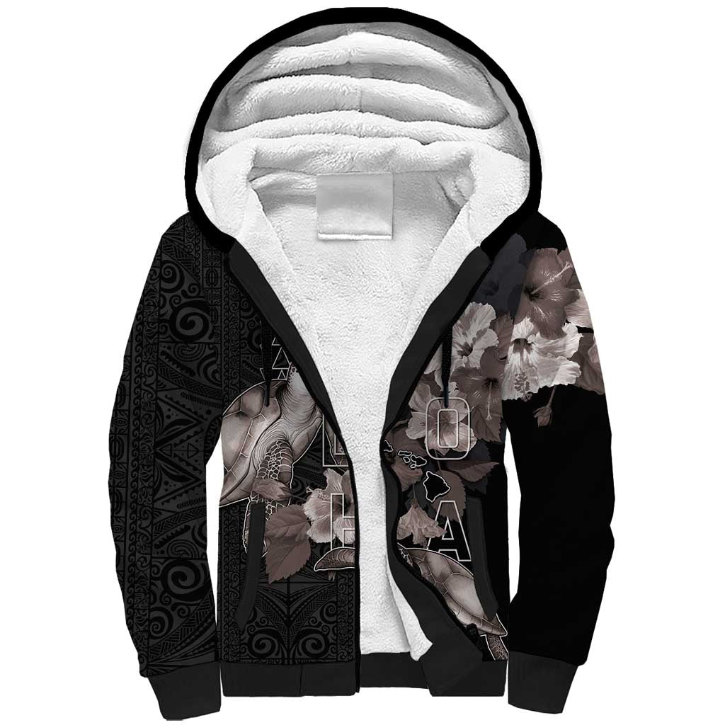 Hawaii Aloha Turtle Hibiscus and Leaves Sherpa Hoodie with Polynesian and Kakau Tattoos Black Color - Polynesian Pride