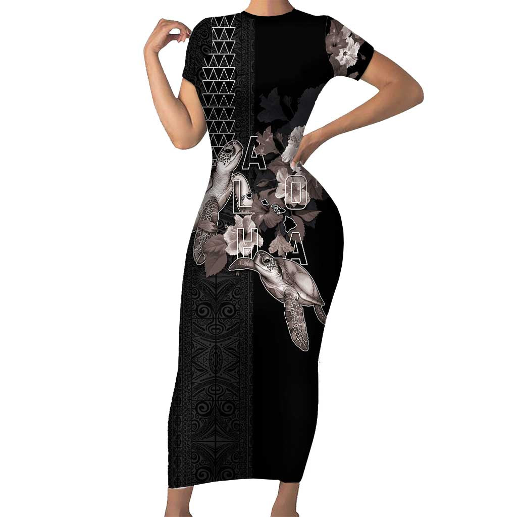Hawaii Aloha Turtle Hibiscus and Leaves Short Sleeve Bodycon Dress with Polynesian and Kakau Tattoos Black Color LT03 Long Dress Black - Polynesian Pride