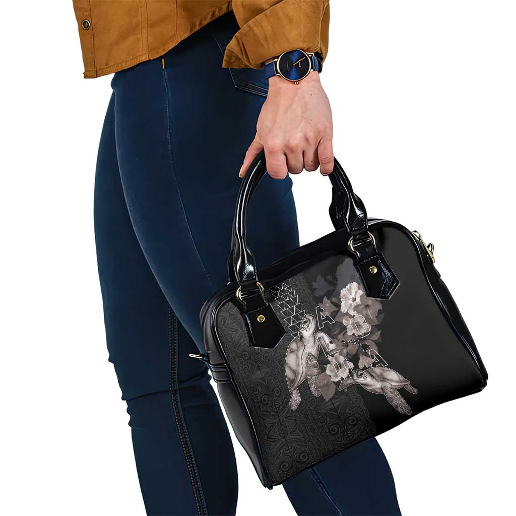 Hawaii Aloha Turtle Hibiscus and Leaves Shoulder Handbag with Polynesian and Kakau Tattoos Black Color - Polynesian Pride