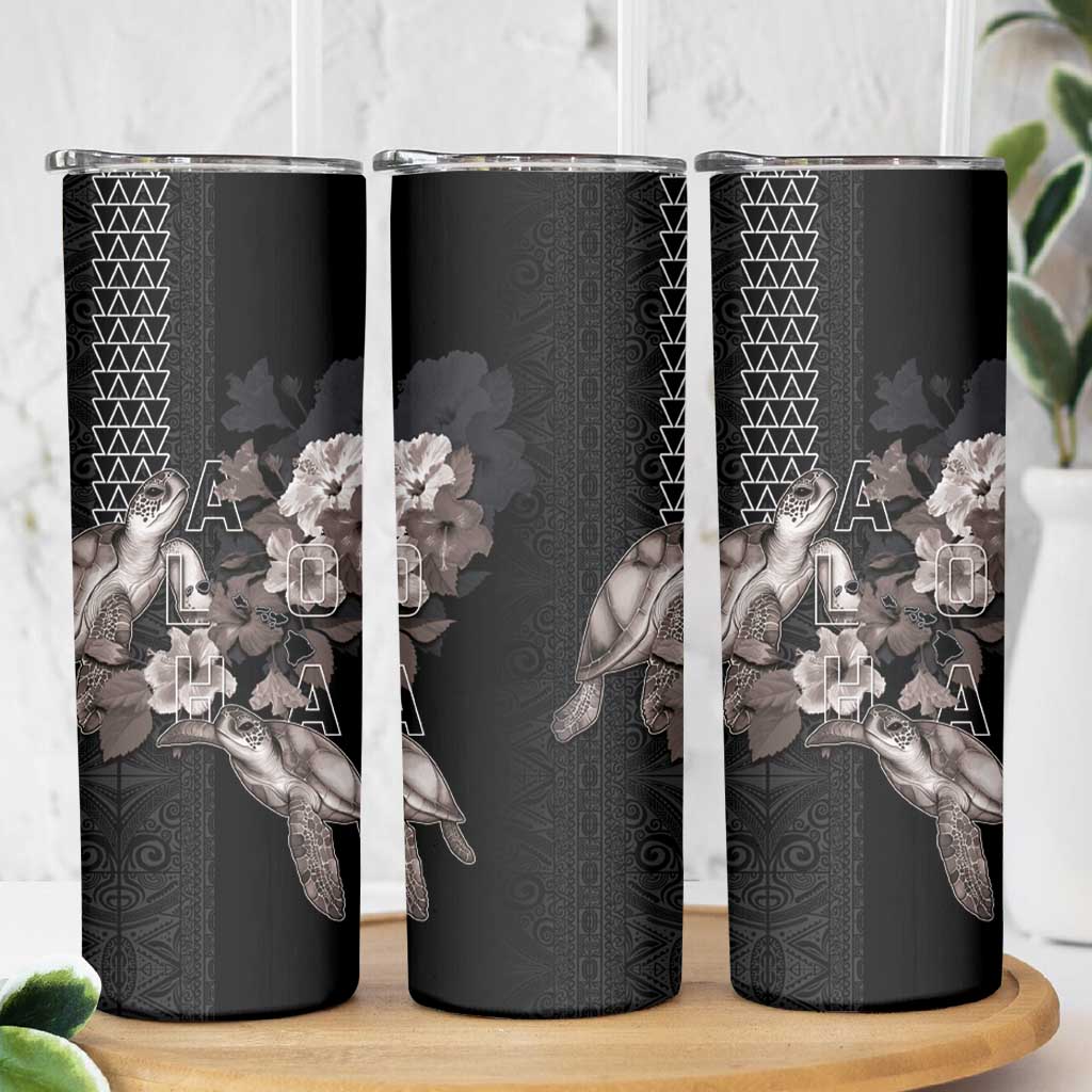 Hawaii Aloha Turtle Hibiscus and Leaves Skinny Tumbler with Polynesian and Kakau Tattoos Black Color - Polynesian Pride