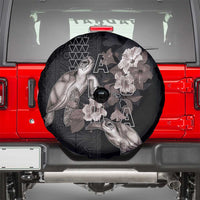 Hawaii Aloha Turtle Hibiscus and Leaves Spare Tire Cover with Polynesian and Kakau Tattoos Black Color - Polynesian Pride