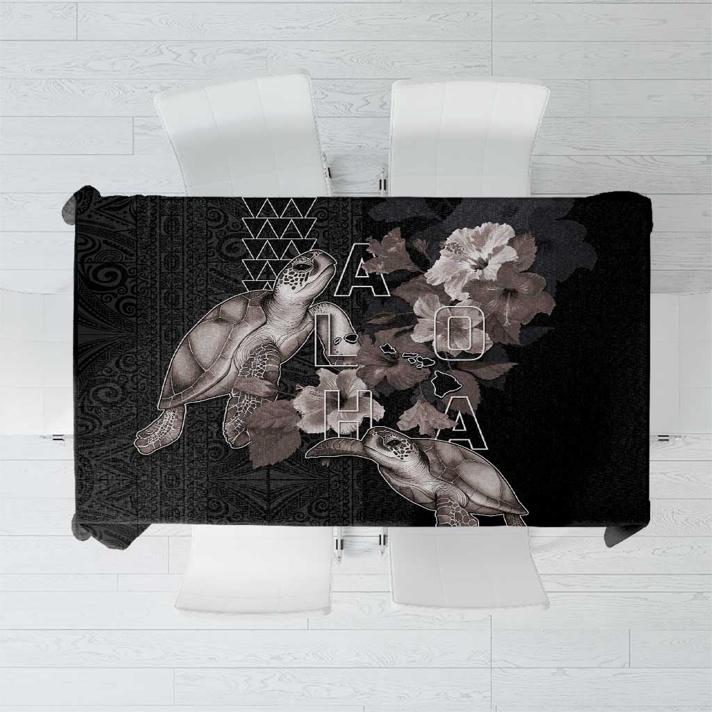 Hawaii Aloha Turtle Hibiscus and Leaves Tablecloth with Polynesian and Kakau Tattoos Black Color - Polynesian Pride