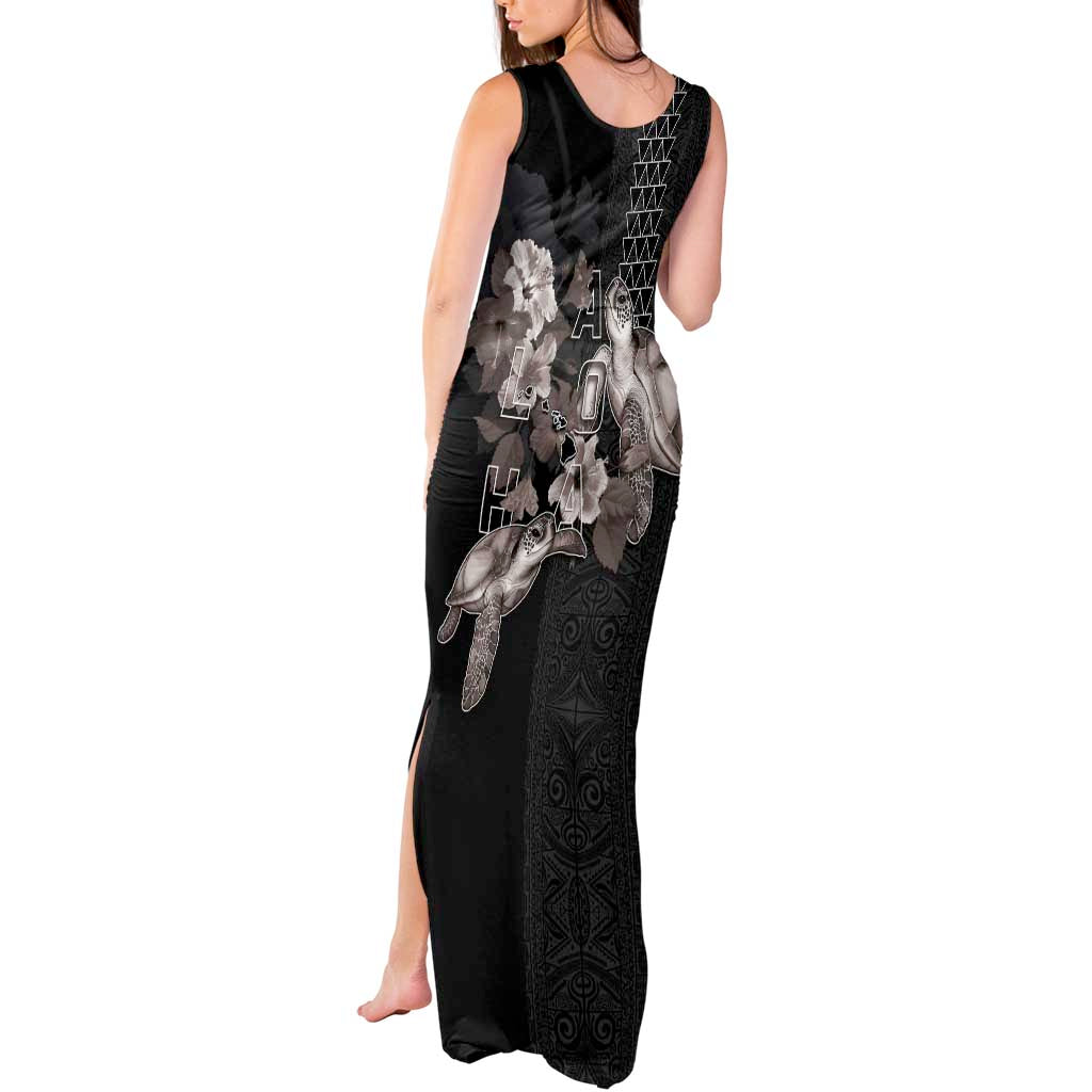 Hawaii Aloha Turtle Hibiscus and Leaves Tank Maxi Dress with Polynesian and Kakau Tattoos Black Color - Polynesian Pride