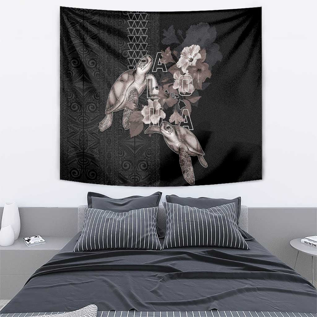Hawaii Aloha Turtle Hibiscus and Leaves Tapestry with Polynesian and Kakau Tattoos Black Color - Polynesian Pride