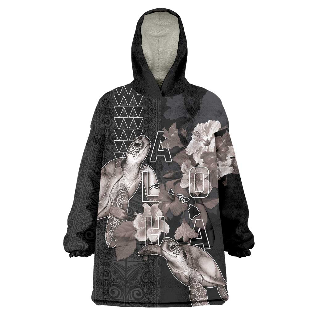 Hawaii Aloha Turtle Hibiscus and Leaves Wearable Blanket Hoodie with Polynesian and Kakau Tattoos Black Color LT03 One Size Black - Polynesian Pride