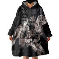 Hawaii Aloha Turtle Hibiscus and Leaves Wearable Blanket Hoodie with Polynesian and Kakau Tattoos Black Color LT03 - Polynesian Pride