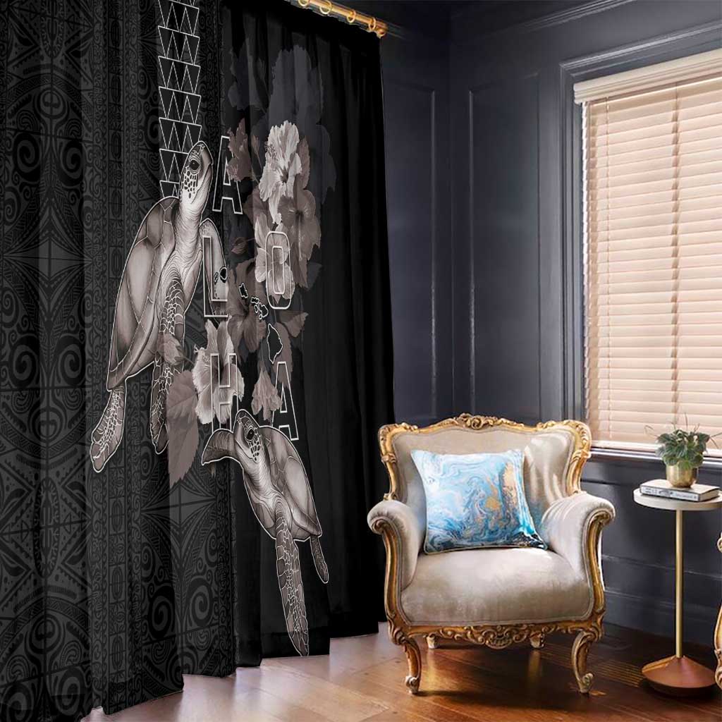 Hawaii Aloha Turtle Hibiscus and Leaves Window Curtain with Polynesian and Kakau Tattoos Black Color - Polynesian Pride