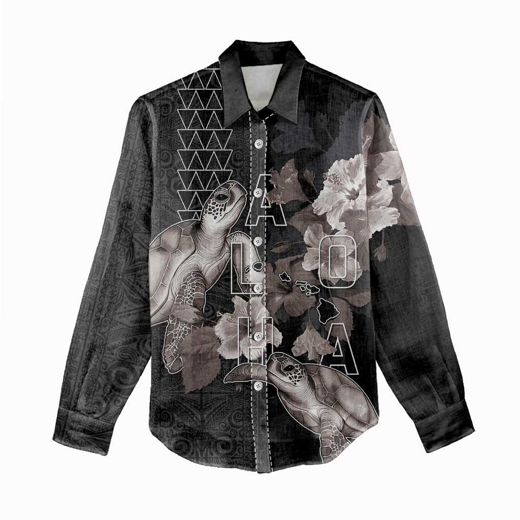 Hawaii Aloha Turtle Hibiscus and Leaves Women Casual Shirt with Polynesian and Kakau Tattoos Black Color - Polynesian Pride