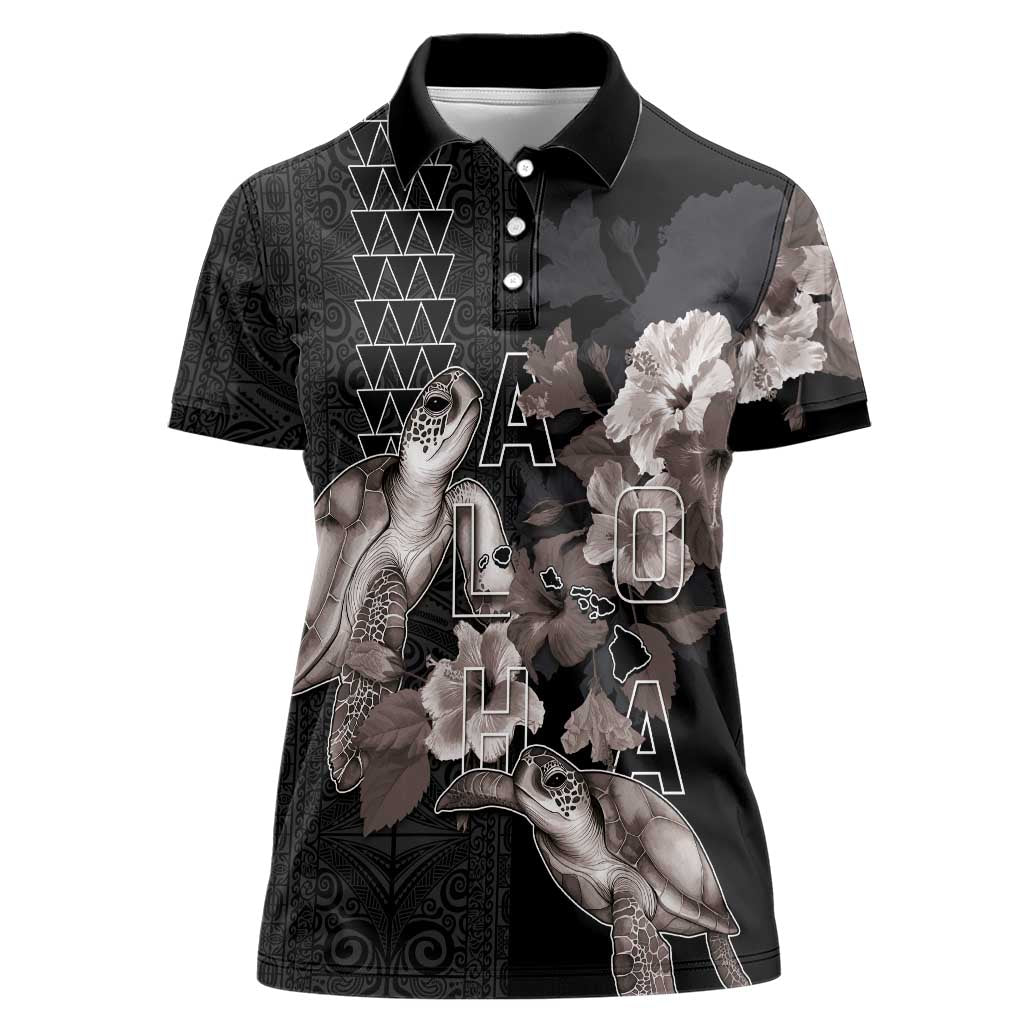Hawaii Aloha Turtle Hibiscus and Leaves Women Polo Shirt with Polynesian and Kakau Tattoos Black Color - Polynesian Pride