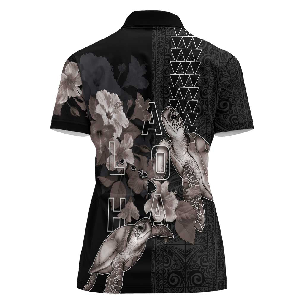 Hawaii Aloha Turtle Hibiscus and Leaves Women Polo Shirt with Polynesian and Kakau Tattoos Black Color LT03 - Polynesian Pride