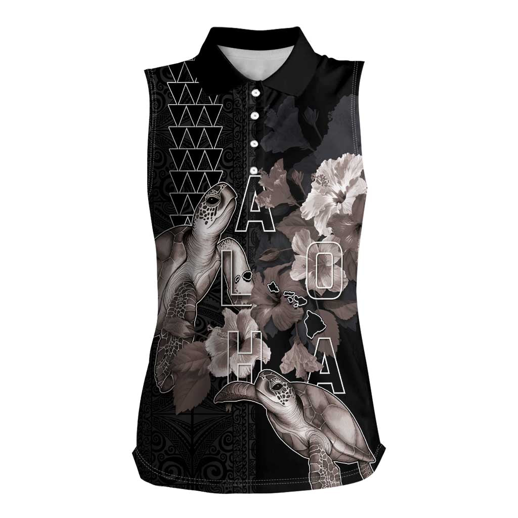 Hawaii Aloha Turtle Hibiscus and Leaves Women Sleeveless Polo Shirt with Polynesian and Kakau Tattoos Black Color LT03 Female Black - Polynesian Pride