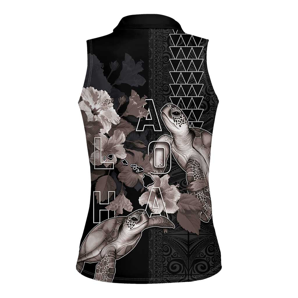 Hawaii Aloha Turtle Hibiscus and Leaves Women Sleeveless Polo Shirt with Polynesian and Kakau Tattoos Black Color LT03 - Polynesian Pride
