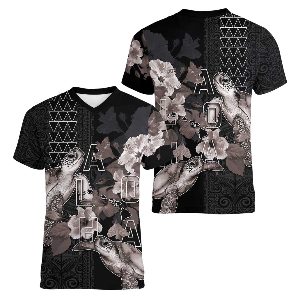 Hawaii Aloha Turtle Hibiscus and Leaves Women V-Neck T-Shirt with Polynesian and Kakau Tattoos Black Color LT03 - Polynesian Pride