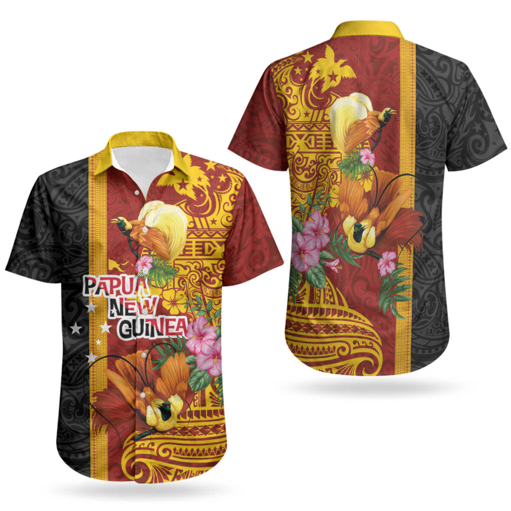 Papua New Guinea Independence Day Couples Matching Long Sleeve Bodycon Dress and Hawaiian Shirt Birds-of-Paradise Melanesian Tattoos Tropical Plants LT03 - Polynesian Pride