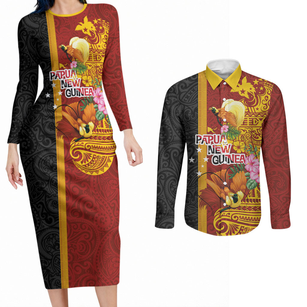 Papua New Guinea Independence Day Couples Matching Long Sleeve Bodycon Dress and Long Sleeve Button Shirt Birds-of-Paradise Melanesian Tattoos Tropical Plants LT03 Multicolor - Polynesian Pride