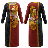 Papua New Guinea Independence Day Couples Matching Long Sleeve Bodycon Dress and Long Sleeve Button Shirt Birds-of-Paradise Melanesian Tattoos Tropical Plants LT03 - Polynesian Pride