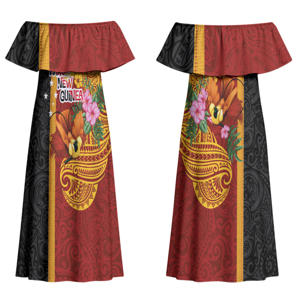 Papua New Guinea Independence Day Couples Matching Off Shoulder Maxi Dress and Hawaiian Shirt Birds-of-Paradise Melanesian Tattoos Tropical Plants LT03 - Polynesian Pride